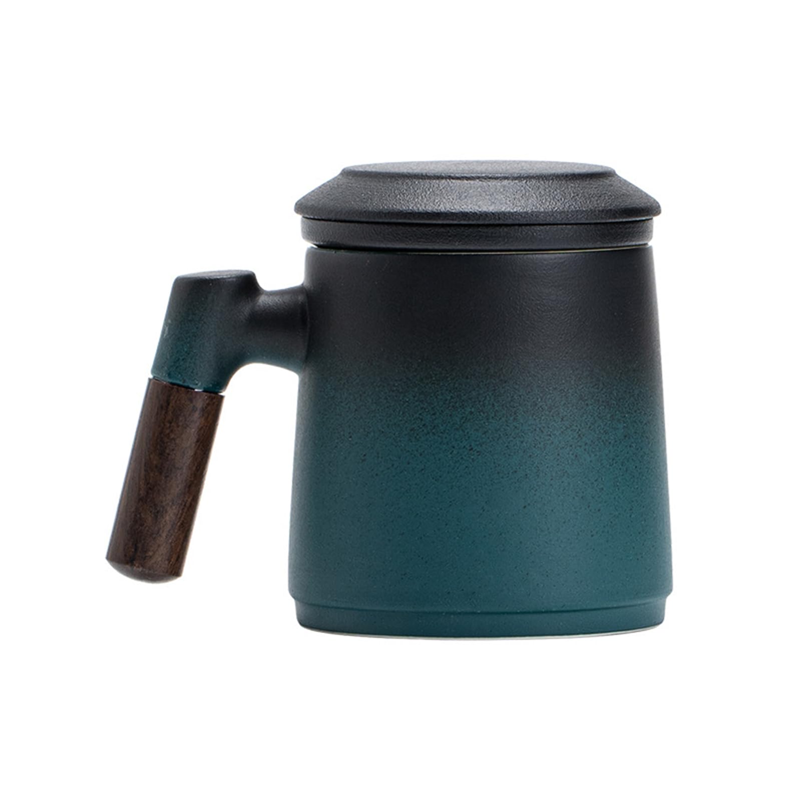 Tea Infuser Mug with Lid, Wood Handle Ceramic Loose Leaf Tea Steeper Cup, 375ml Matte Black Tea Steeping Mug Asian Tea Cups Gifts for Male Woman (Black & Green)