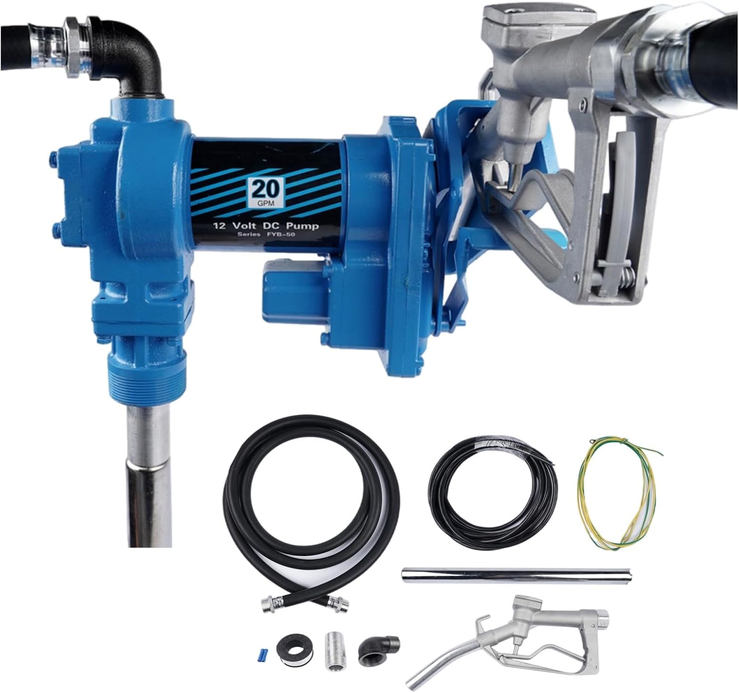 20GPM 12V Blue Fuel Transfer Pump 50amp Fuse with Discharge Hose & Manual Nozzle for Transfer of Gasoline, Diesel, Kerosene, Ethanol & Methanol Blends & Biodiesel