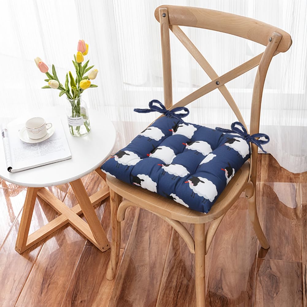 Set de 4 Cojines para Sillas de Comedor 40x40 cm - Cojines Exterior/Interior con Lazos, Relleno de Asiento Ideal para Terraza, Jardín, Salón o Restaurante (Ovejas Azules)