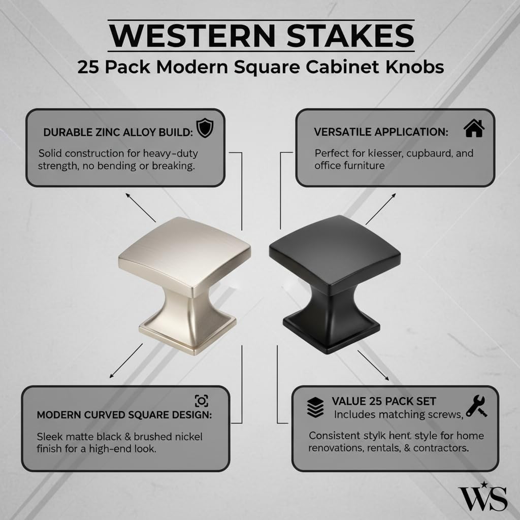 Western Stakes 25 Pack Modern Square Cabinet Knobs – Solid Zinc Alloy Curved Drawer Pulls for Kitchen Cabinets, Dressers, Cupboards & Furniture Hardware Handles (Matte Black, 25 Pack)