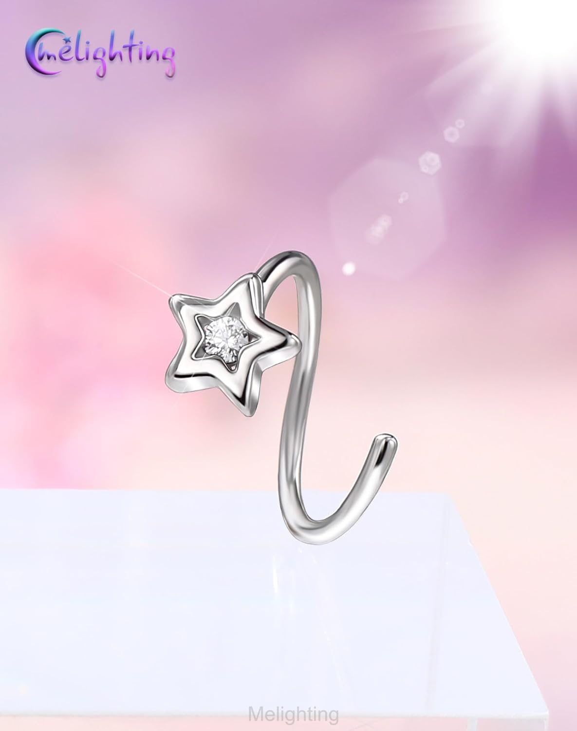 Melighting 20G Nose Rings Hoops Set, 316L Stainless Steel Seamless Open Nose Ring, Heart& Star Cartilage Piercing Clear CZ Helix Earrings Nose Septum Labret Piercing for Women 8 mm - Image 7