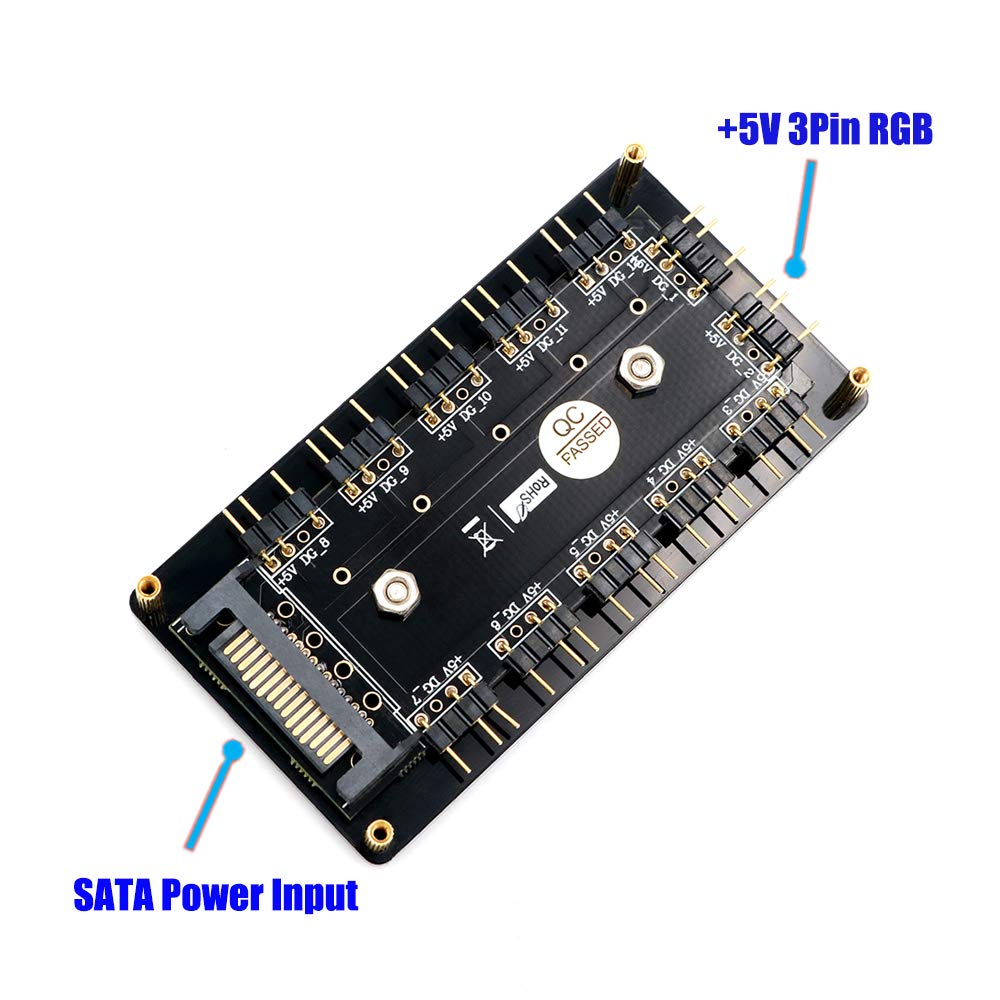 HLT 12 Way 5V 3 Pin ARGB Hub Splitter - PC RGB LED Controller With Magnetic Standoff For ASUS/MSI Motherboards