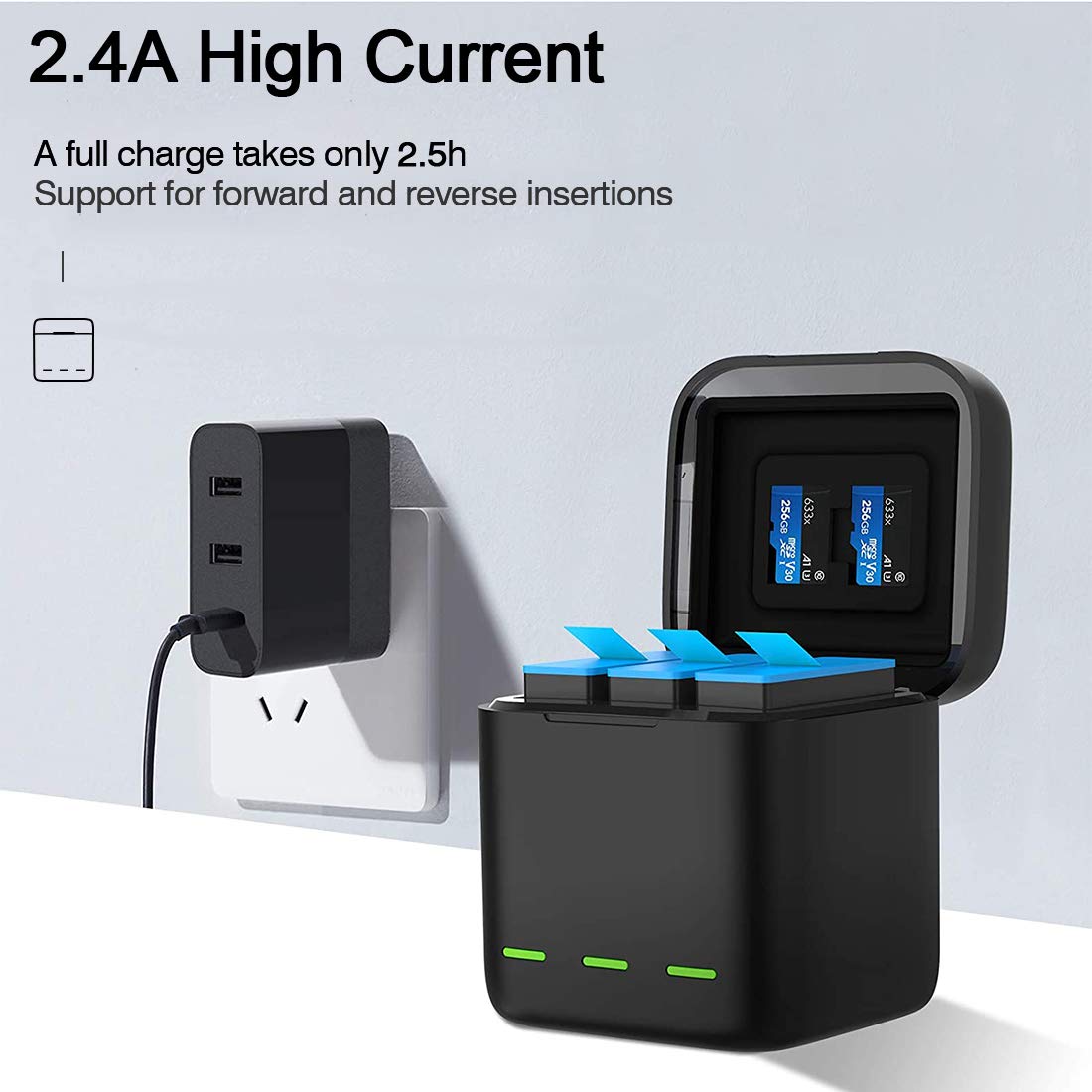 Jeebel Caricabatterie per GoPro Hero 12/11/10/9 Black 3-Canali Caricabatteria con Ricarica Rapida 2,4A e Cavo USB-C — Completamente Compatibile Con Batterie Originali di GoPro Hero (Senza Batteria)