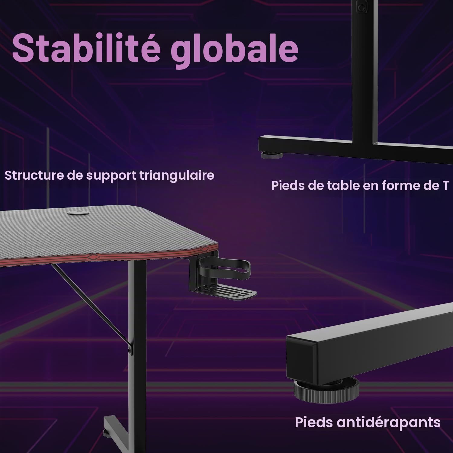 JUMMICO Bureau Gaming 180x60cm, Porte-Gobelet & Casque, Ergonomique, Noir