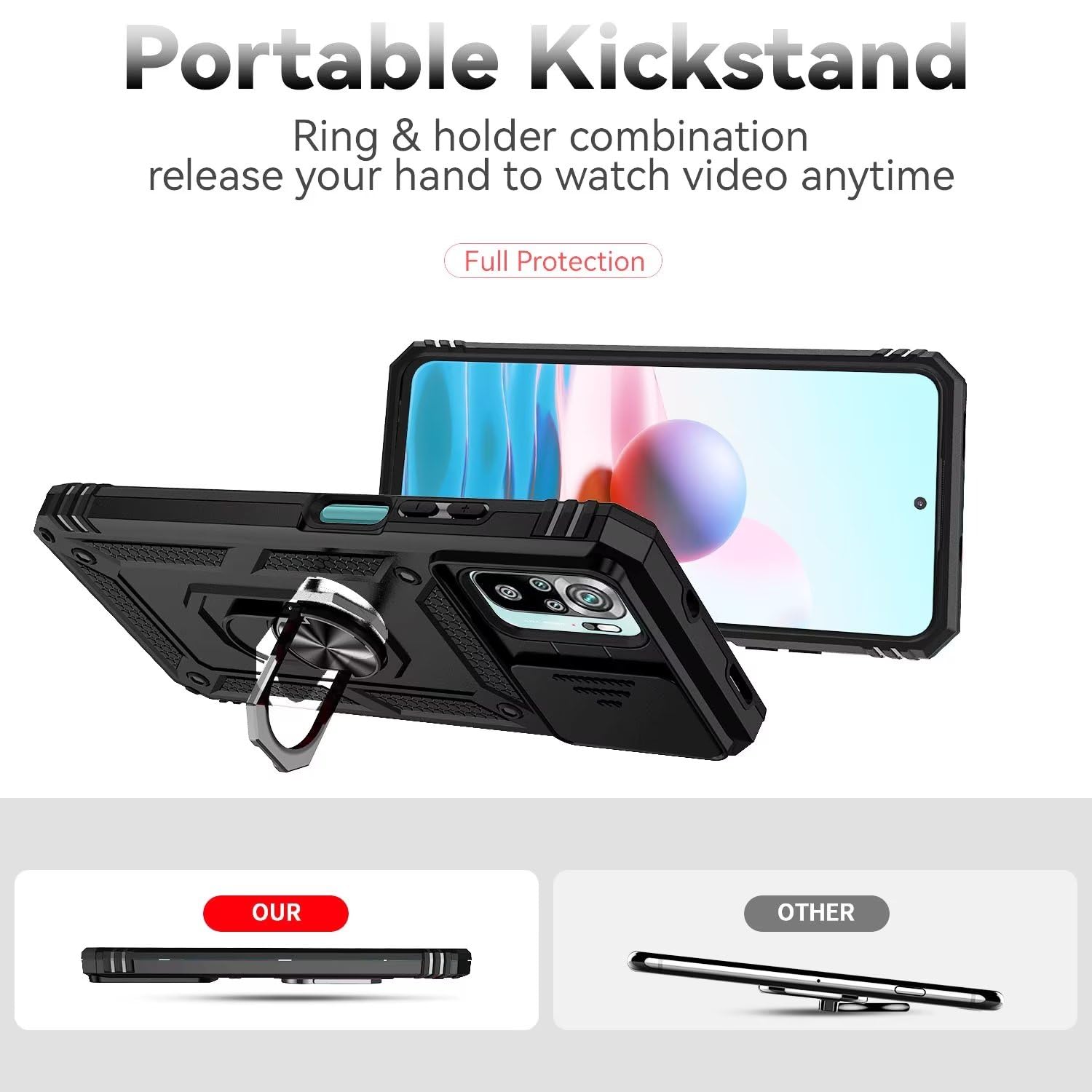 Custodia Per Xiaomi POCO M5S / Redmi Note 10S/10 – Cover Antiurto Con Sportellino Scorrevole Per Fotocamera E Anello Rotante 360°