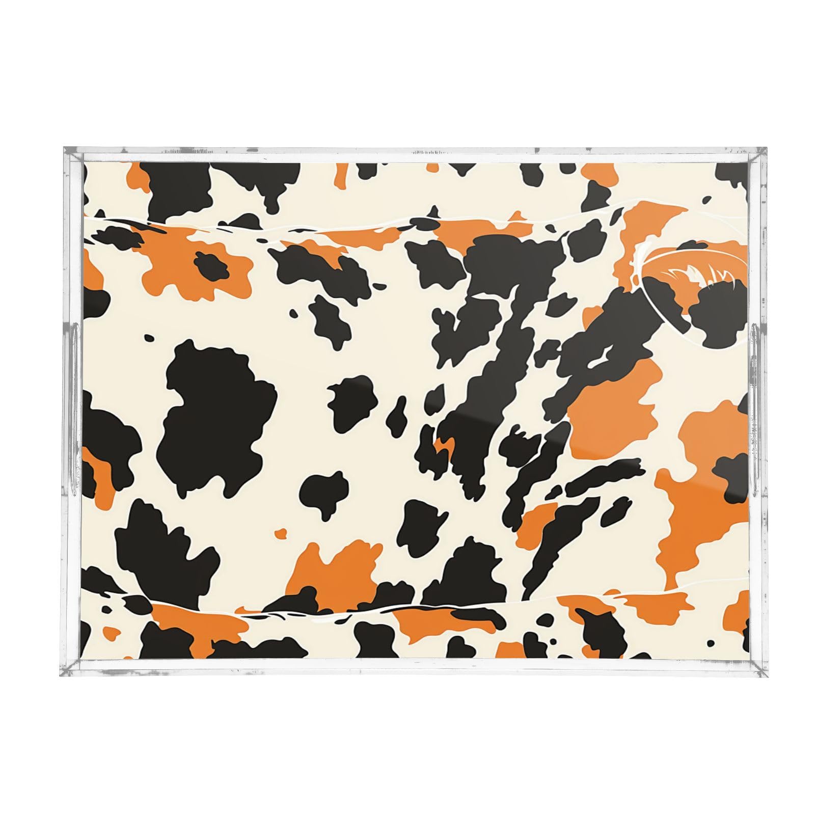 IOACIY Clear Serving Tray 12x16 Inches Acrylic Decorative Tray Organiser for Ottoman Coffee Table Countertop with Handles, Cow (29)