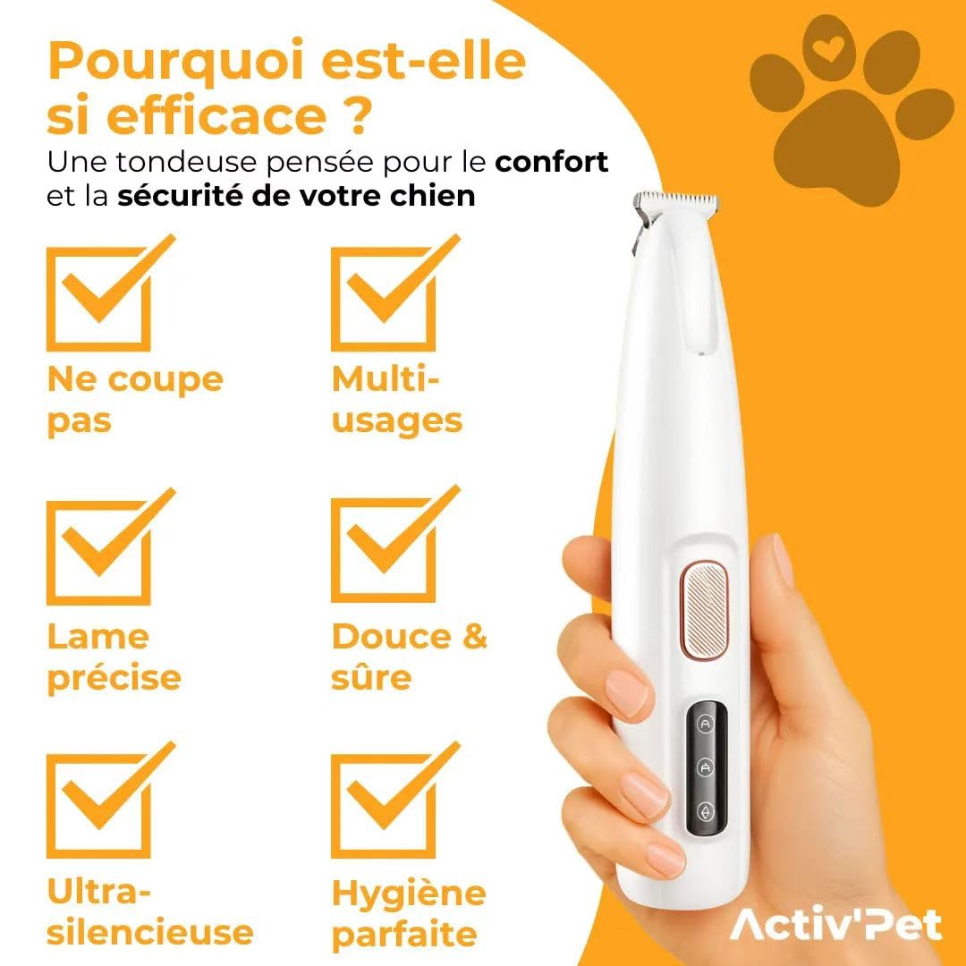 Activ'Pet Tondeuse à pattes - Douce pour Chien et Chat, Lames Céramique et Inox, LED Intégrée, Rechargeable USB, Étanche, Toilettage Zones Sensibles Sans Stress