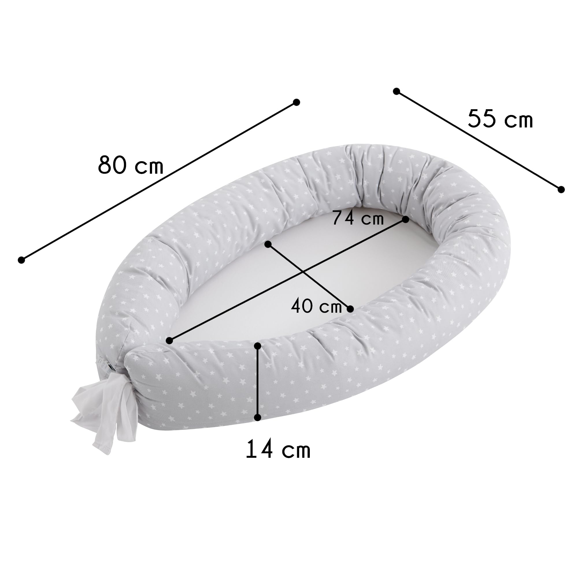 COOL · DREAMS - poduszka gniazdowa z wodoodporną podstawą dla noworodka 100% hipoalergicznej bawełny. Certyfikat Oeko-Tex (Moon Amour Grey)