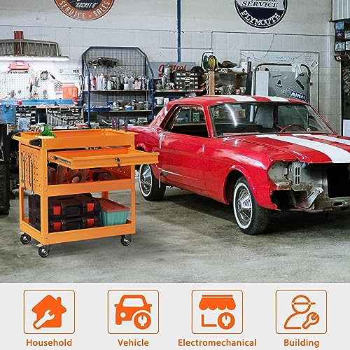Image of 3 Tier Heavy Duty Rolling Tool Cart with Drawers, Large Storage Utility Cart on Wheels for Garage, Warehouse, Repair Shop (Orange)
