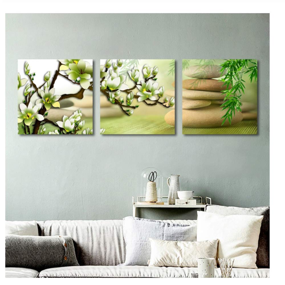 Imprimir Lienzo Pintura Verde Magnolia Flor Arte Carteles y Plantas de bambú Zen Cuadros de Pared para decoración de Marco de Sala de Estar 30x30cm (11.8 "x11.8) x3 con Marco