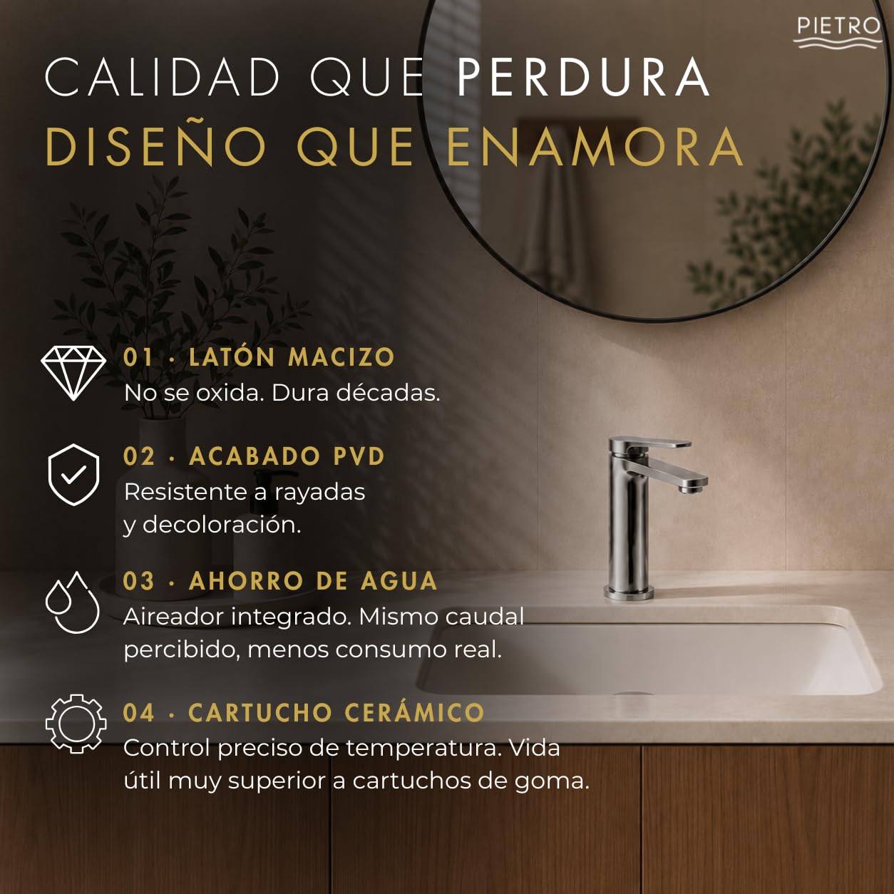 Grifo Lavabo Monomando Bergamo de Latón Macizo | Diseño Moderno | Pietro | Grifo Baño Elegante, Cartucho Cerámico, Aireador Neoperl, Acabado Duradero, Fácil Instalación y 5 Años de Garantía