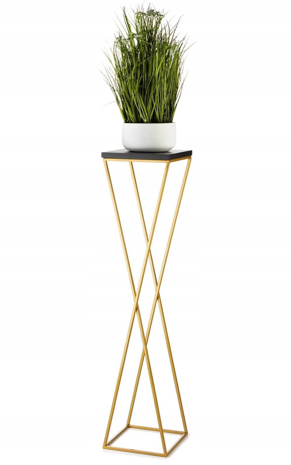 Portavasi In Ferro Dorato Altezza 100 Cm Con Piano In MDF Bianco – Sostegno Per Piante Design Loft