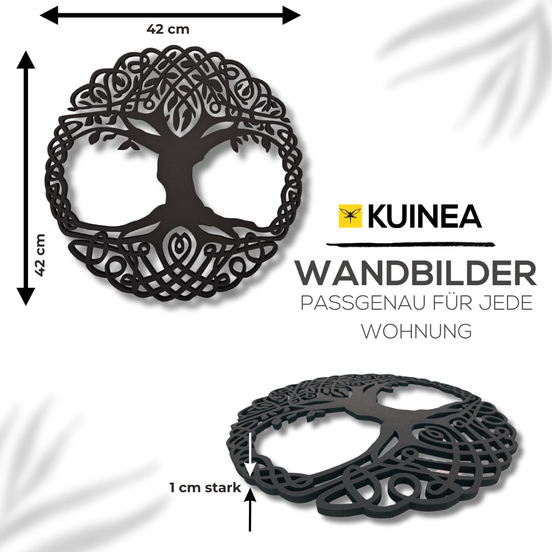 KUINEA® Keltischer Baum des Lebens Ø42cm – Rundes Wandbild aus Holz [Anthrazit] für Wohnzimmer, Schlafzimmer & Büro | Schwarzes MDF-Motiv in stilvollem Design
