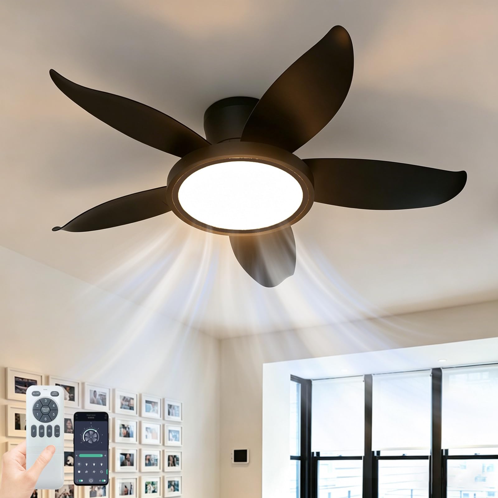 ZOMLBOF Bedroom Quiet Ceiling Fan with Light, 88 CM,5 Blades, 6-Speed Reversible Fan Light with Timer, App Remote,Dimmable LED Light Fan with Memory Function,for Lounges and Living Rooms Black