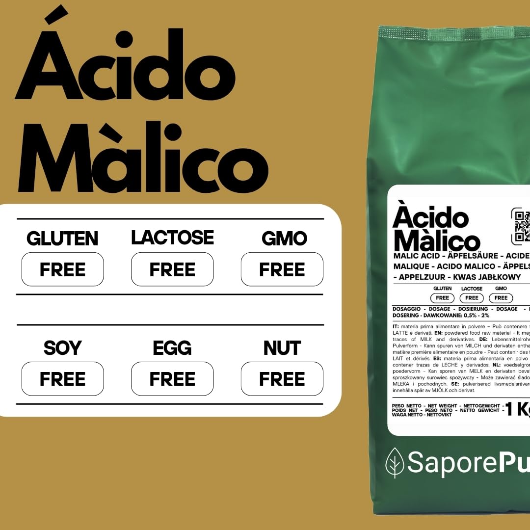 SaporePuro Ácido Málico en Polvo 1 kg | Alta Solubilidad y Sabor Ácido | Ideal para Bebidas, Postres y Suplementos | Calidad Alimentaria | Sin Gluten