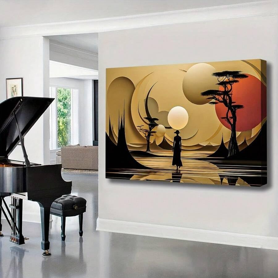 Tableau paysage africain abstrait doré décoration murale grand format 70x100