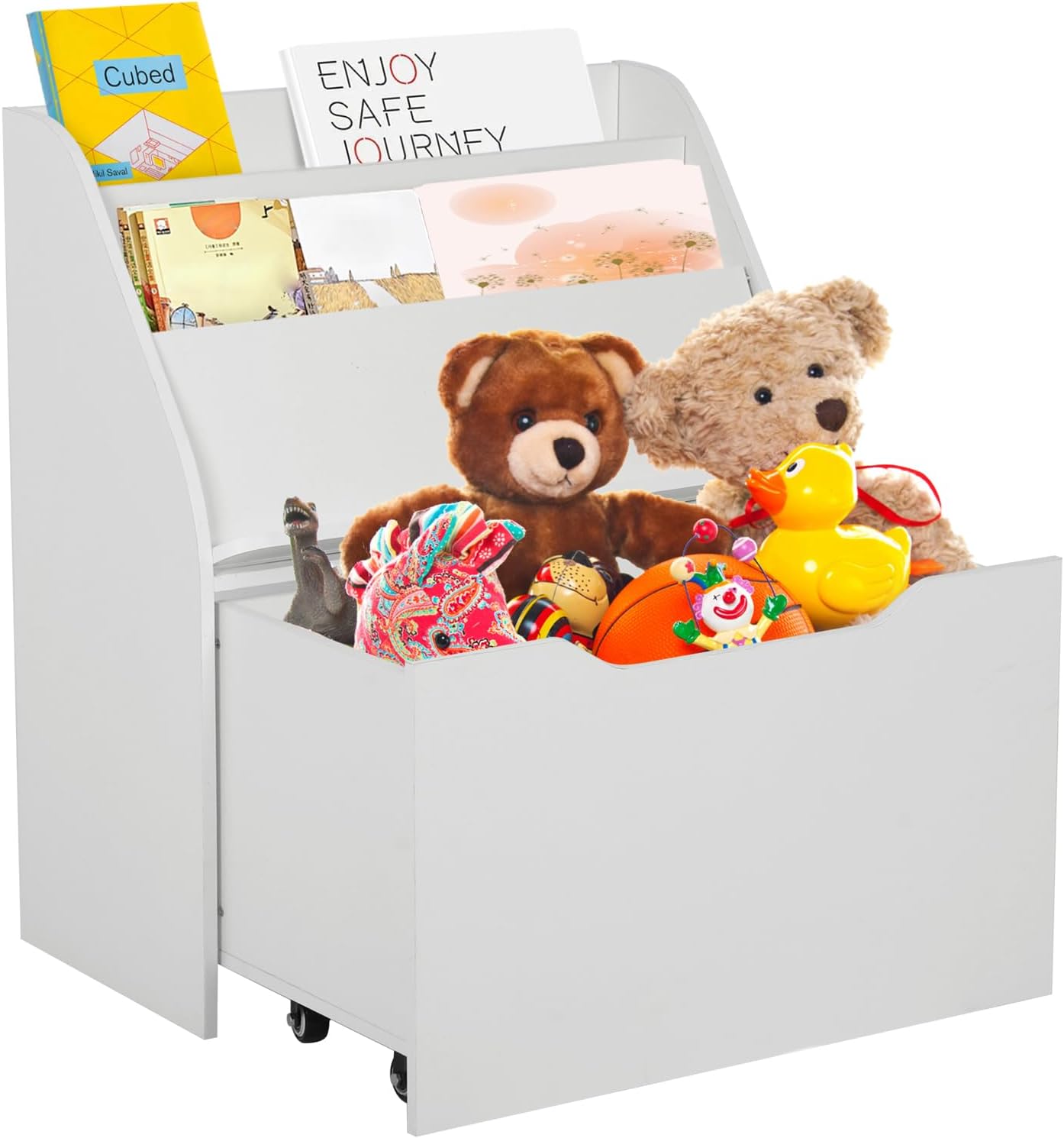 foriy Kids Bookshelf with Storage Toy Storage Organizer with Drawers and Wheels White Children Bookcase Toy Book Organizer with Reading Rack for Kids in Playroom Nursery Room Bedroom