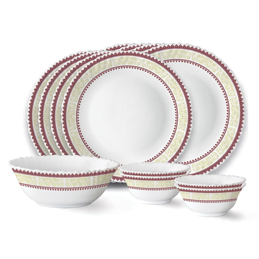 Larah by Borosil Elega Fluted Series Opalware Dinner Set Of 4 Full Plate, 4 Quarter Plates, 4 Veg Bowls and 1 Serving Bowl | Bone-Ash Free Crockery Set for Dining Table (White, 13 Pieces)