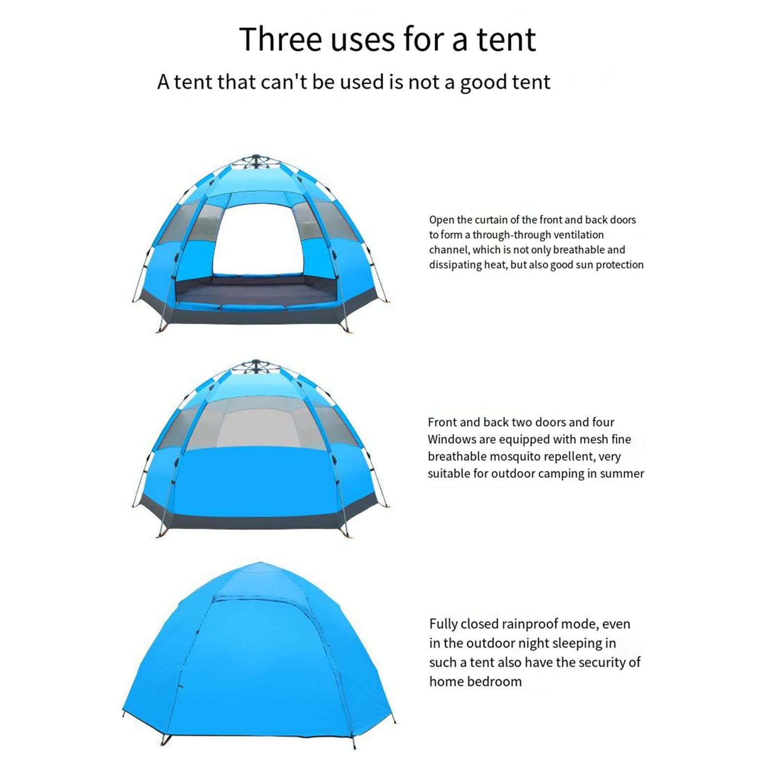 Familia Completamente Automática para Varias Personas Camping Doble Capa A Prueba De Lluvia Y A Prueba De Sol Campo De Ocio Tienda De Campaña Hexágono De Gran Espacio,Blue