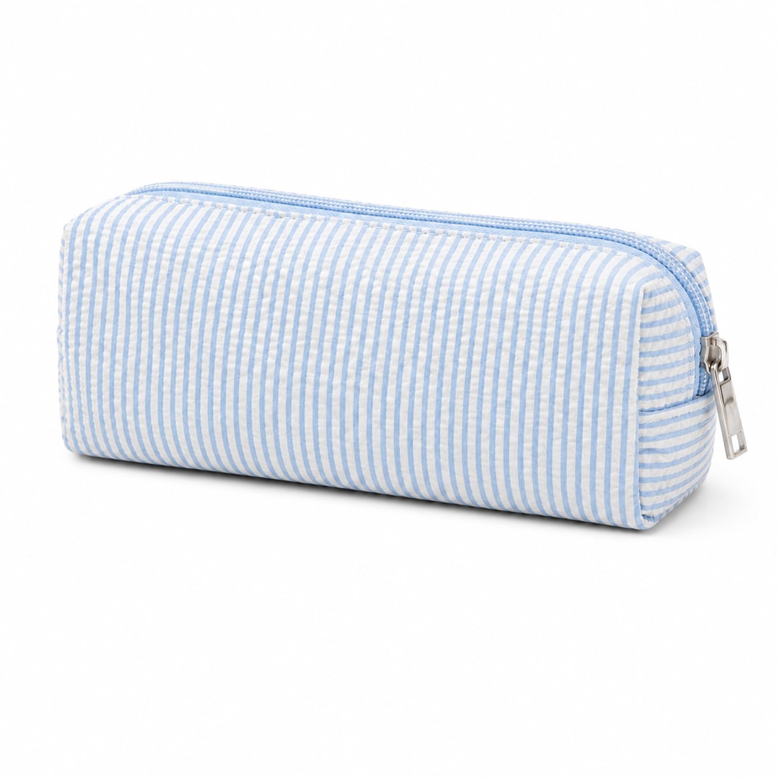 DOINEUFL Cute Striped Pencil Case for School, Aesthetic Fabric Pen Pouch with Boxy Shape and Wide Zip Opening for Easy Everyday Organisation (Light Blue Stripe)