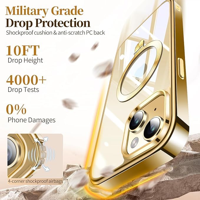 Image of ESTPEAK Titanium Gold CD Mag-Stand Case for iPhone 14 Case, iPhone 13 Case with Invisible Magnetic Ring, [Fit for MagSafe] [Never Yellowing] Top Clear Phone Case Cover for iPhone 13 /14 6.1 inch Men Women