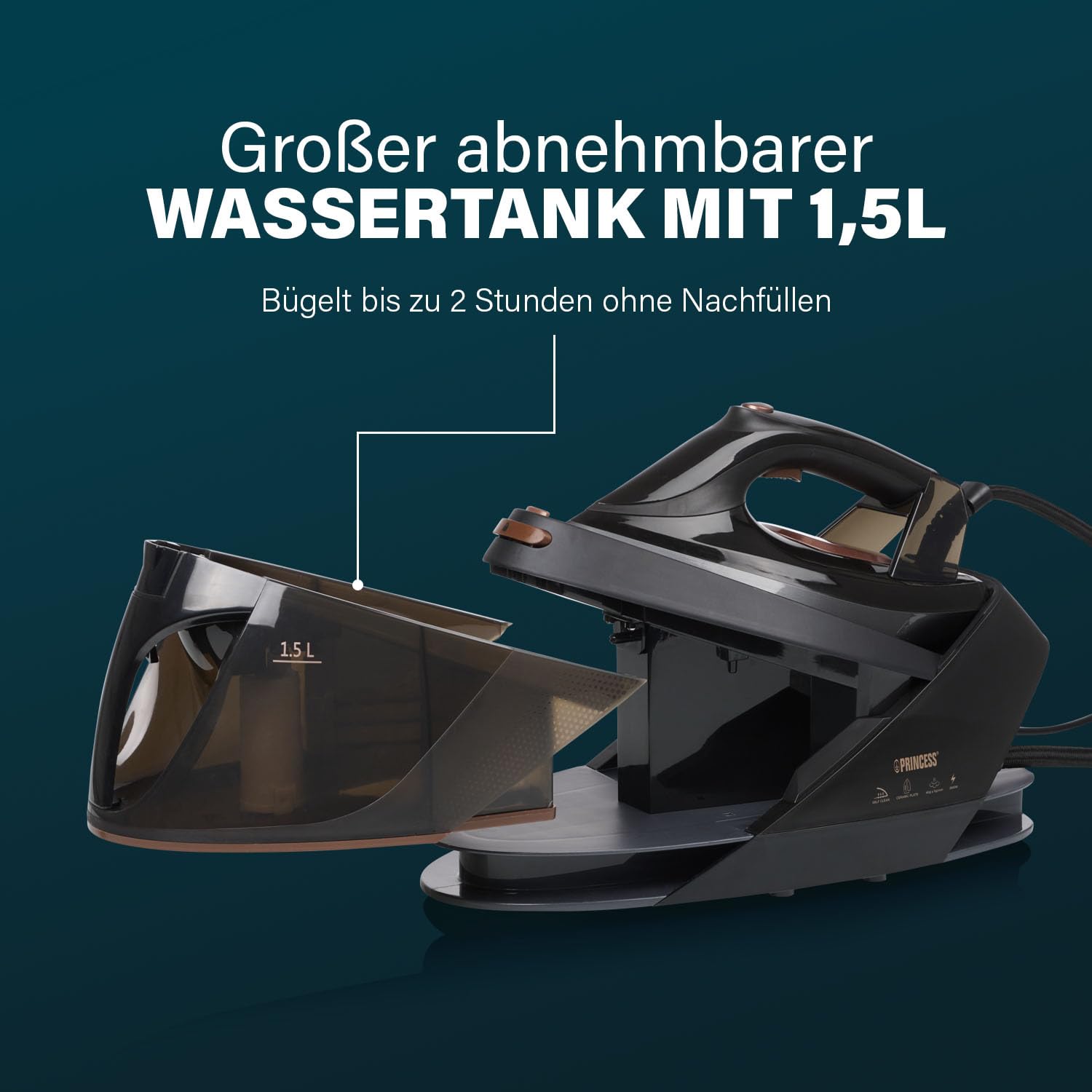 Princess Dampfbügelstation, 3000 W, Bis 7,5 bar, 1,5 l Wassertank, Keramiksohle, 70 g/min Dampf, 250 g/min Boost, Antikalk, Auto-Abschaltung, 323091