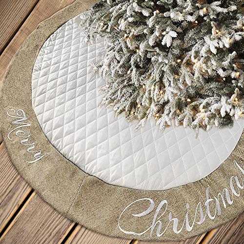 Aiseno 48 Inch Christmas Tree Skirt White Thick Luxury Quilted Cotton With Burlap Decoration For Merry Christmas Party Christmas Tree Skirt Decorations