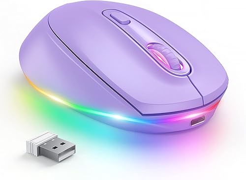 seenda Ratón inalámbrico, mouse recargable con luz para laptop, pequeños ratones inalámbricos con luces LED de arco iris silenciosas para PC,
