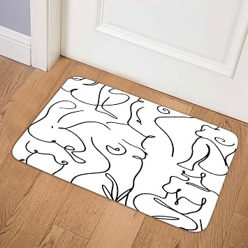 Abstract Bath Mat, Line Minimalist Nordic Style Lack White Women Modern Bath Mat Set,Boho Simple Contemporary Female Silhouettes Pastel Colors Kitchen Decor Rug, 17X29 Inches,Black White