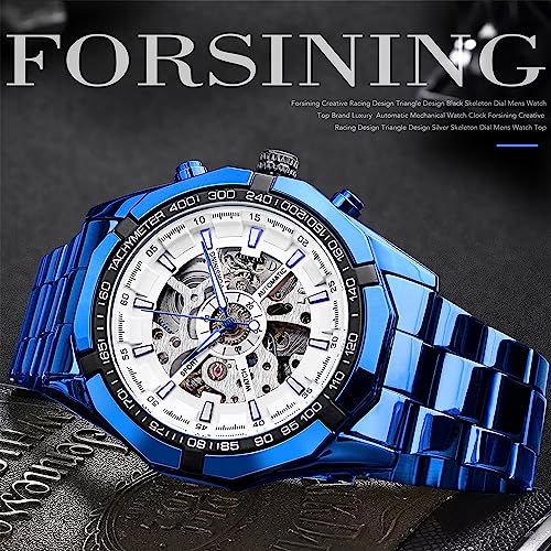Image of FORSINING Men's Watch Self-wind Skeleton Hollow Out Mechanical Automatic Luxury Watches, Blue Black Stainless Steel Band Waterproof Wristwatch
