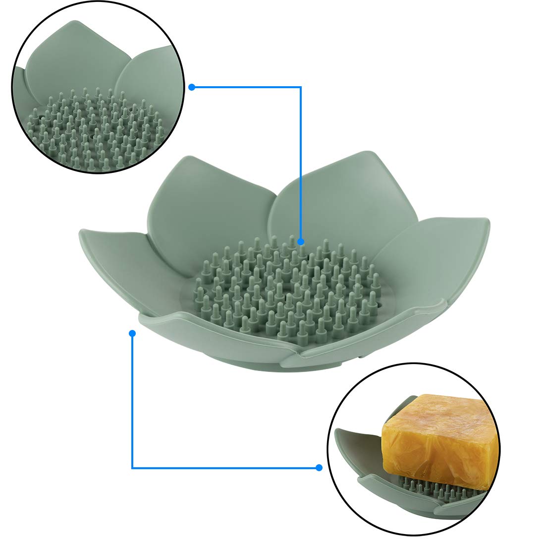 H&R 3 Pack Silicone Soap Holder, Bathroom Soap Tray with Drain, Lotus Shaped - Blue, Green, Grey
