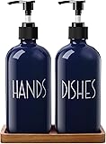 Navy Blue Dish Soap Dispenser for Kitchen - 16 OZ Hand Soap Dispenser Set with Acacia Wood Tray - Blue Kitchen Bathroom Home Decor and Accessories