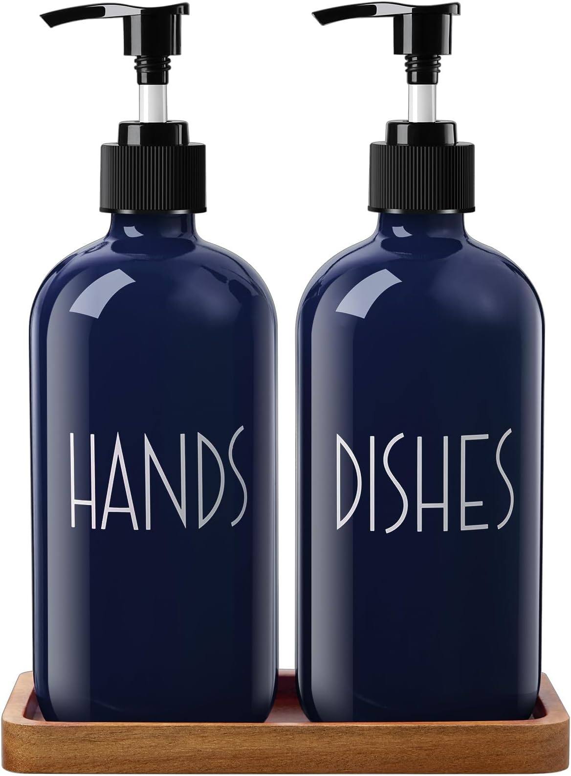 Navy Blue Dish Soap Dispenser for Kitchen - 16 OZ Hand Soap Dispenser Set with Acacia Wood Tray - Blue Kitchen Bathroom Home Decor and Accessories