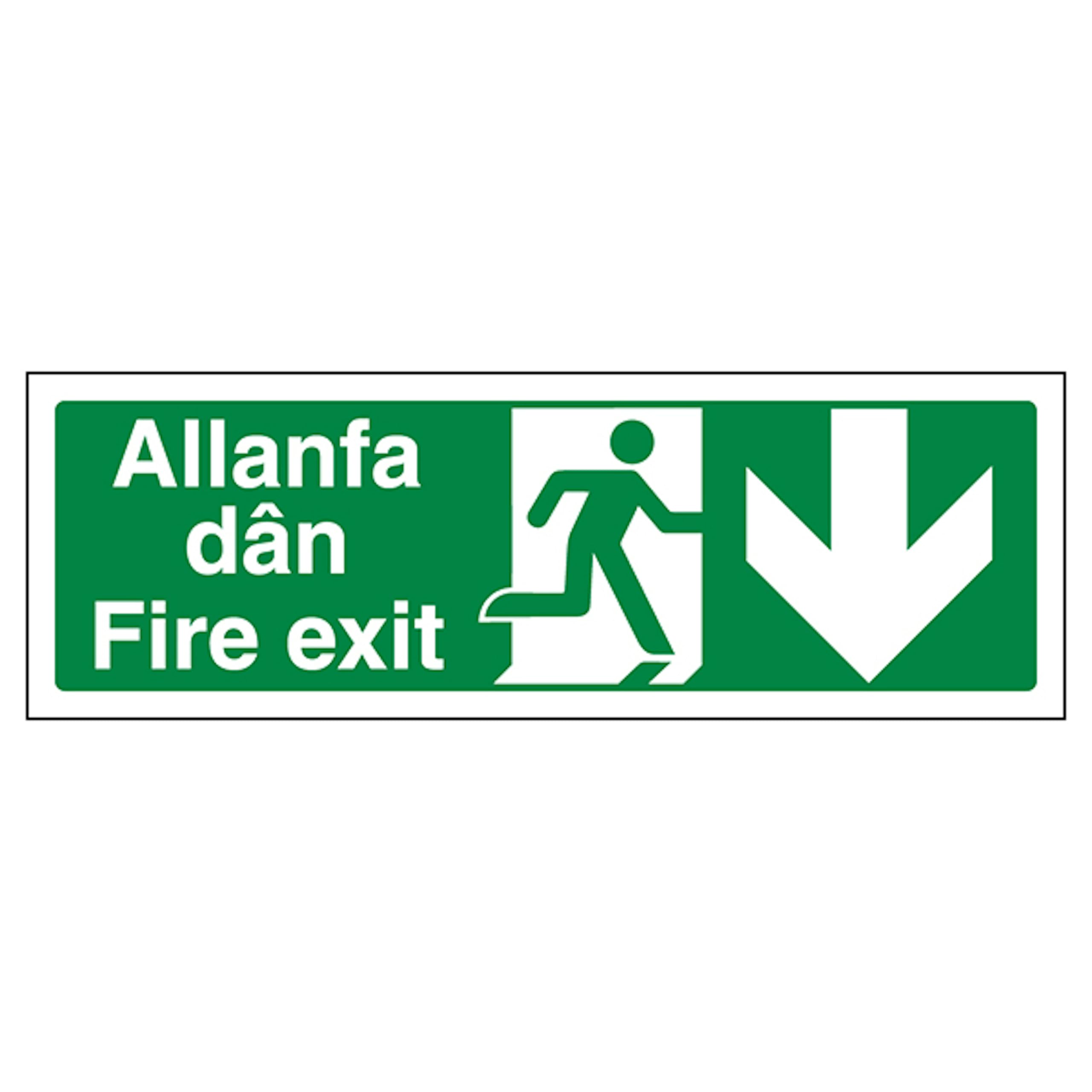 V Safety Welsh/English - Fire Exit Arrow Down 300 x 100 mm - 2mm 100% Recycled Rigid Plastic Safety Sign