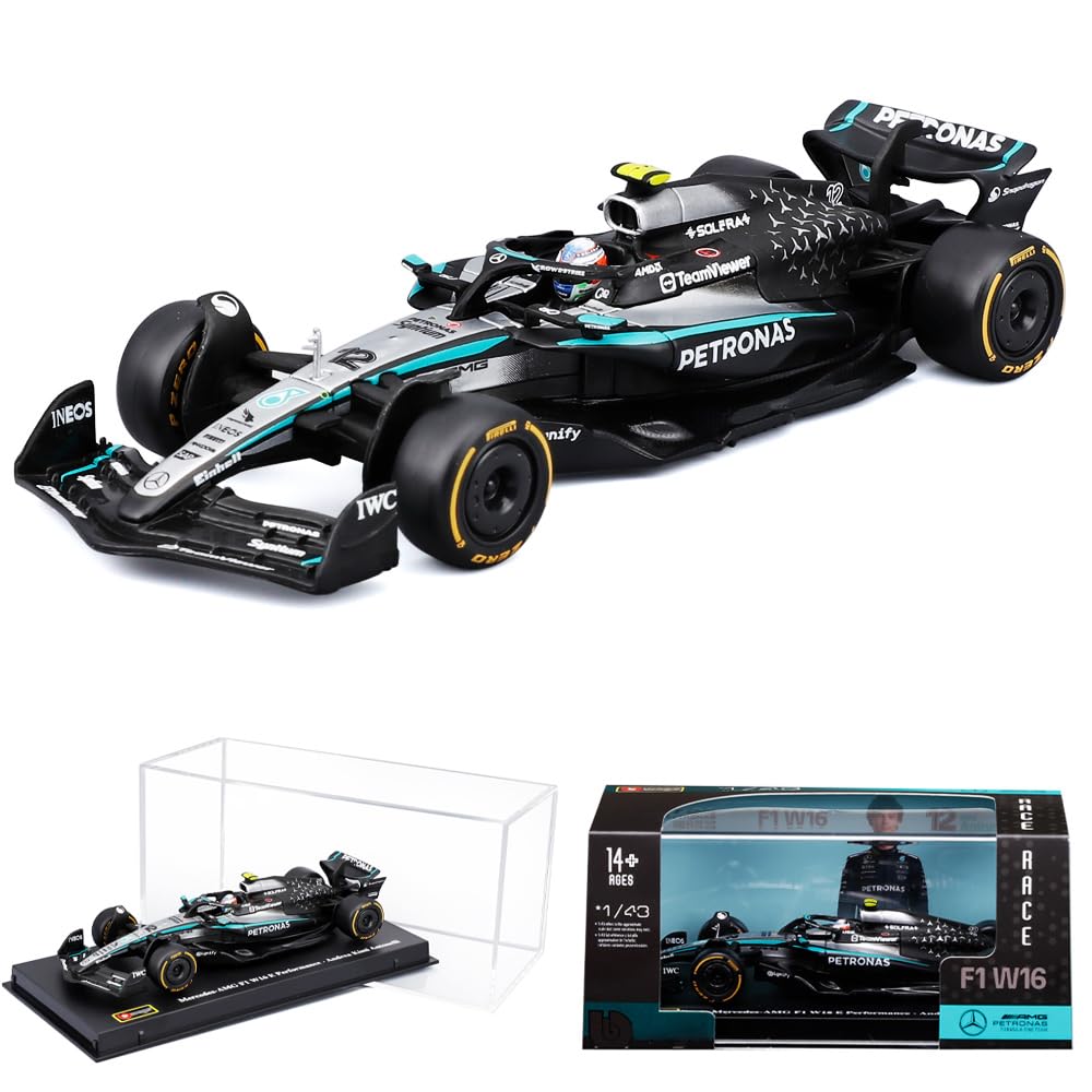 Xiangtat 1:43 Model Car for 2025 Race F1 W16 12# Kimi Antonelli F1 63# George Russell Formula Racing Alloy Car Diecast Model (1/43 W16 12# W/Helmet)