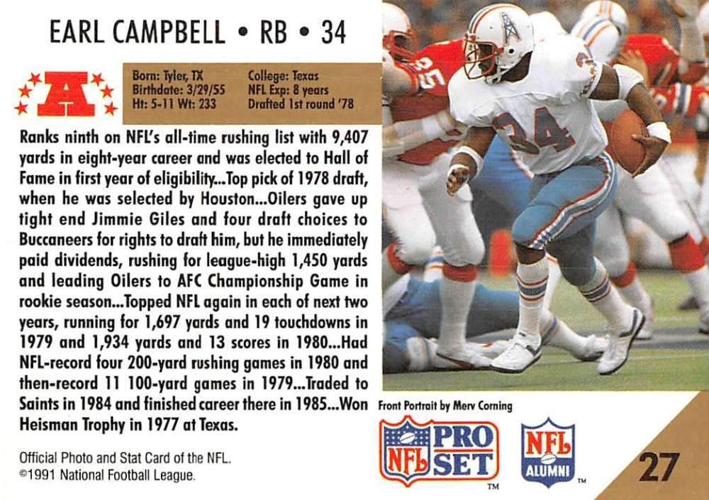 Amazon.com: 1991 Pro Set Football #27 Earl Campbell Houston Oilers