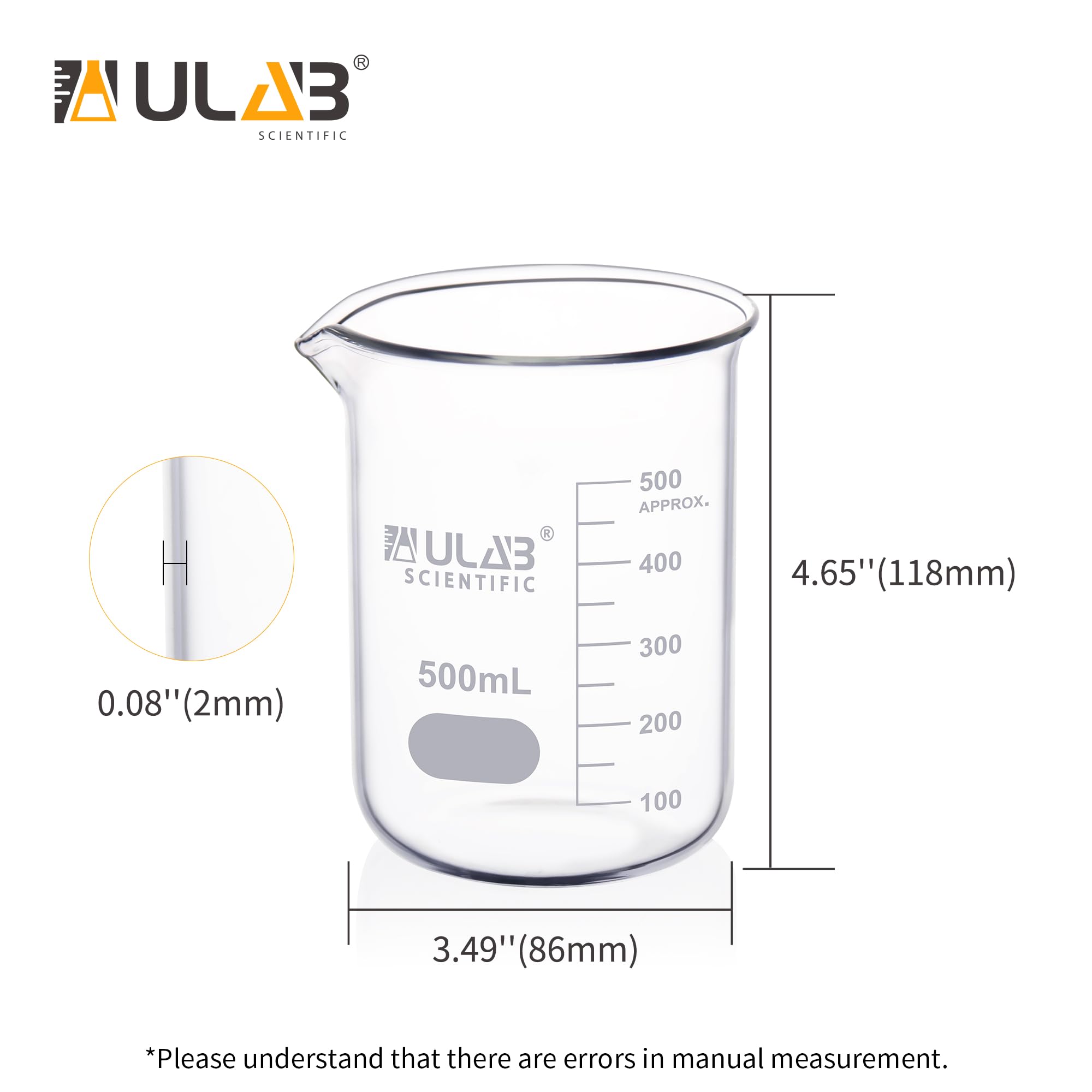 ULAB Scientific UBG1038 Lot de 6 gobelets en verre borosilicate 3.3 avec graduation imprimée 500 ml