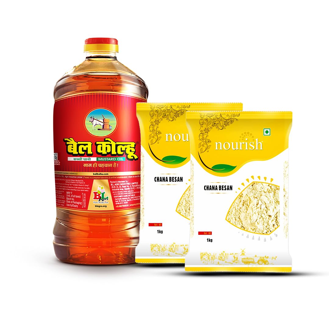 Bail Kolhu Kachi Ghani Mustard Oil 2L Sarso Tel Bottle (Cold Pressed) with 1+1 kg Besan Combo | Pack of 3