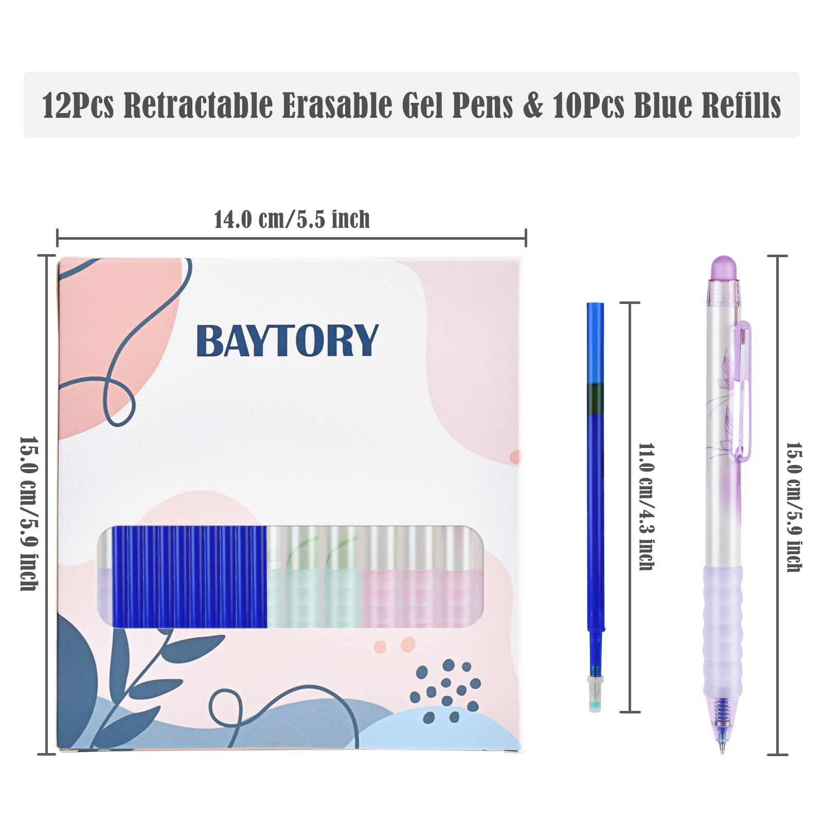 BAYTORY Erasable Pens, Retractable Fine Point 0.5mm Gel Pens with Eraser Clear, 12Pcs Blue Ink Pens & 10Pcs Refills - Image 2
