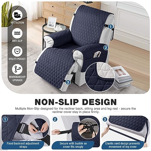 Image of TAOCOCO 100% Waterproof Recliner Chair Covers, Non Slip Recliner Covers that Stay in Place, One-Piece Washable Reclining Chair Cover with Elastic Straps, Dark Blue, Fits 28 inch Seat Width