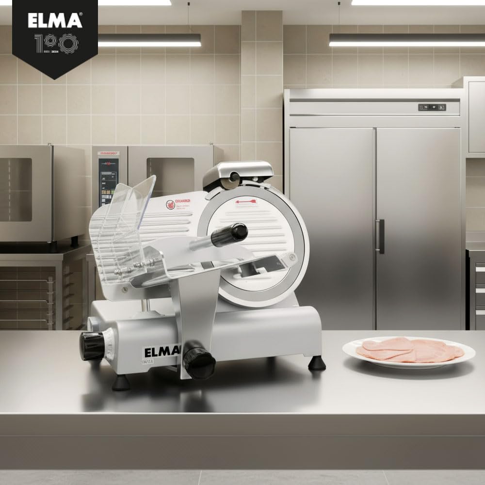 ELMA Cortadora de Fiambres Profesional Elma | Cuchilla Desmontable de Acero Inoxidable Ø 220 mm | Cortafiambres Eléctrico Preciso para Quesos, Embutidos y Fiambres – Uso Intensivo y Diario