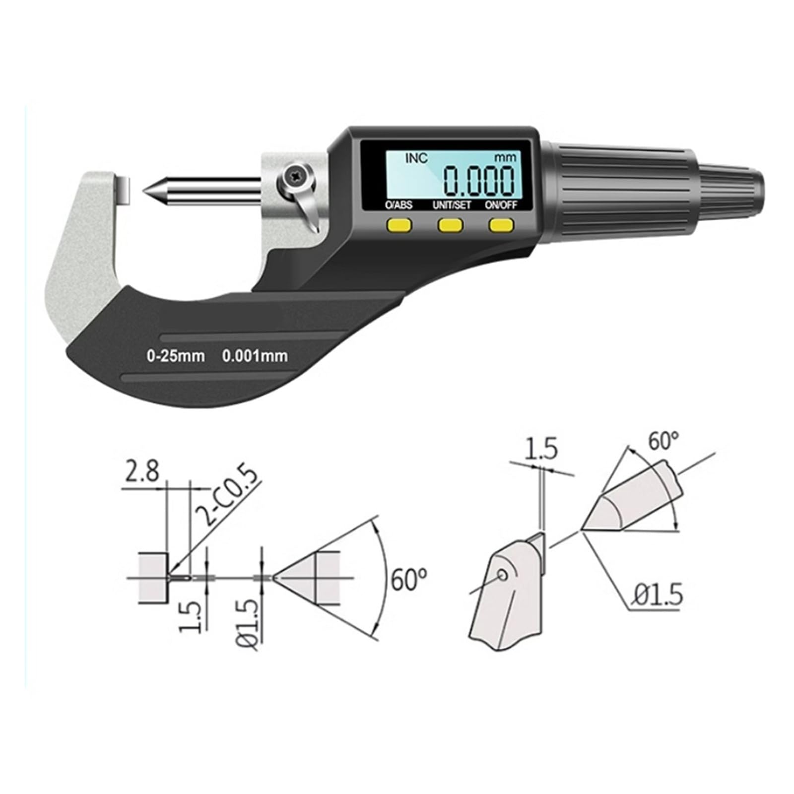Multifunktionales digitales Mikrometer 0–25 mm, 0,001 mm, Wandstärkenmessgerät for Trommeln, Doppelkugelkopf, Doppelspitzen Messen Sie alles(Drum head)