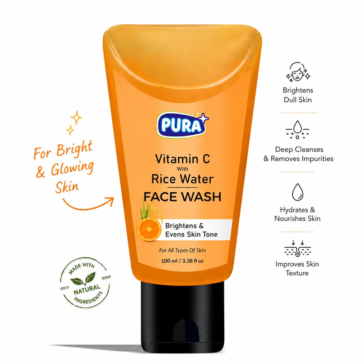Vitamin C Face Wash with Rice Water for Clean Clear Complexion & Natural Glow Enhancing Daily Face Cleanser, 100ml 4