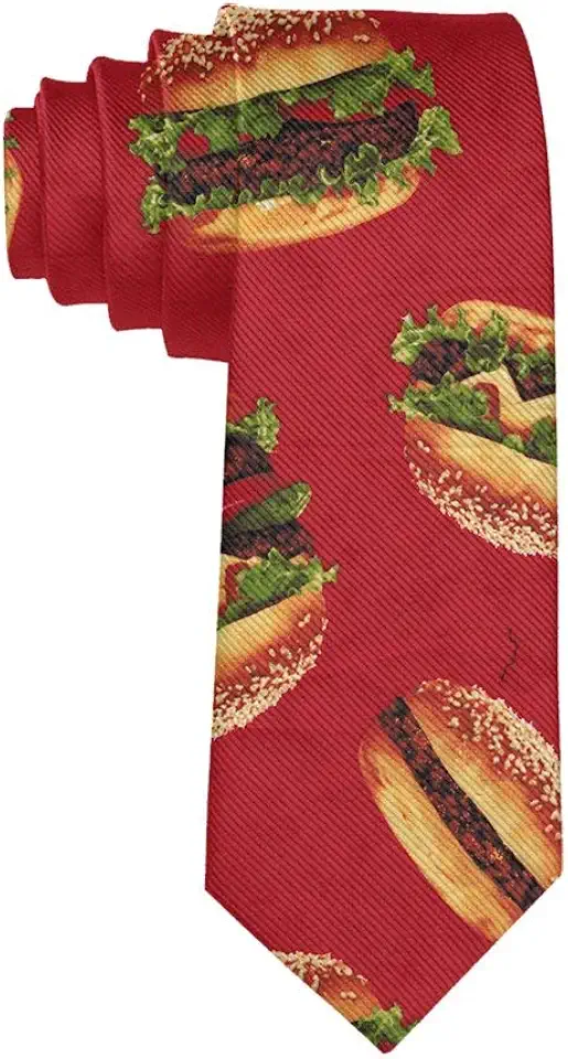 Gravata masculina moderna gravata de hambúrguer vermelha engraçada seda poliéster novidade gravata - tamanho único, Hambúrguer vermelho engraçado, tamanho �nico
