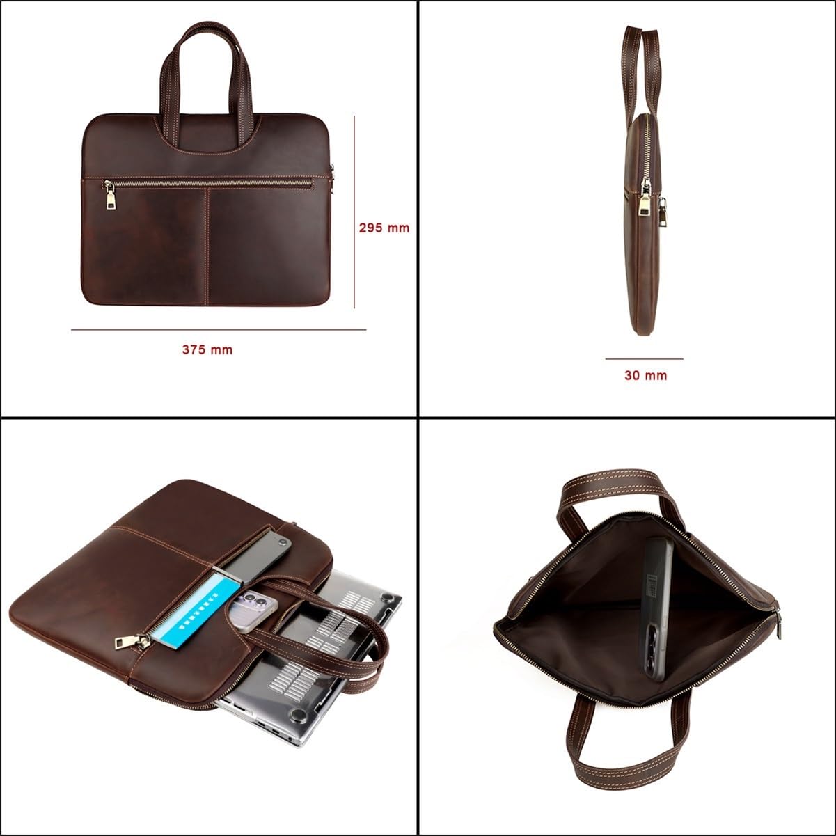 Bolso portátil cuero hombre, maletín delgado 14 pulgadas, bolsa documentos