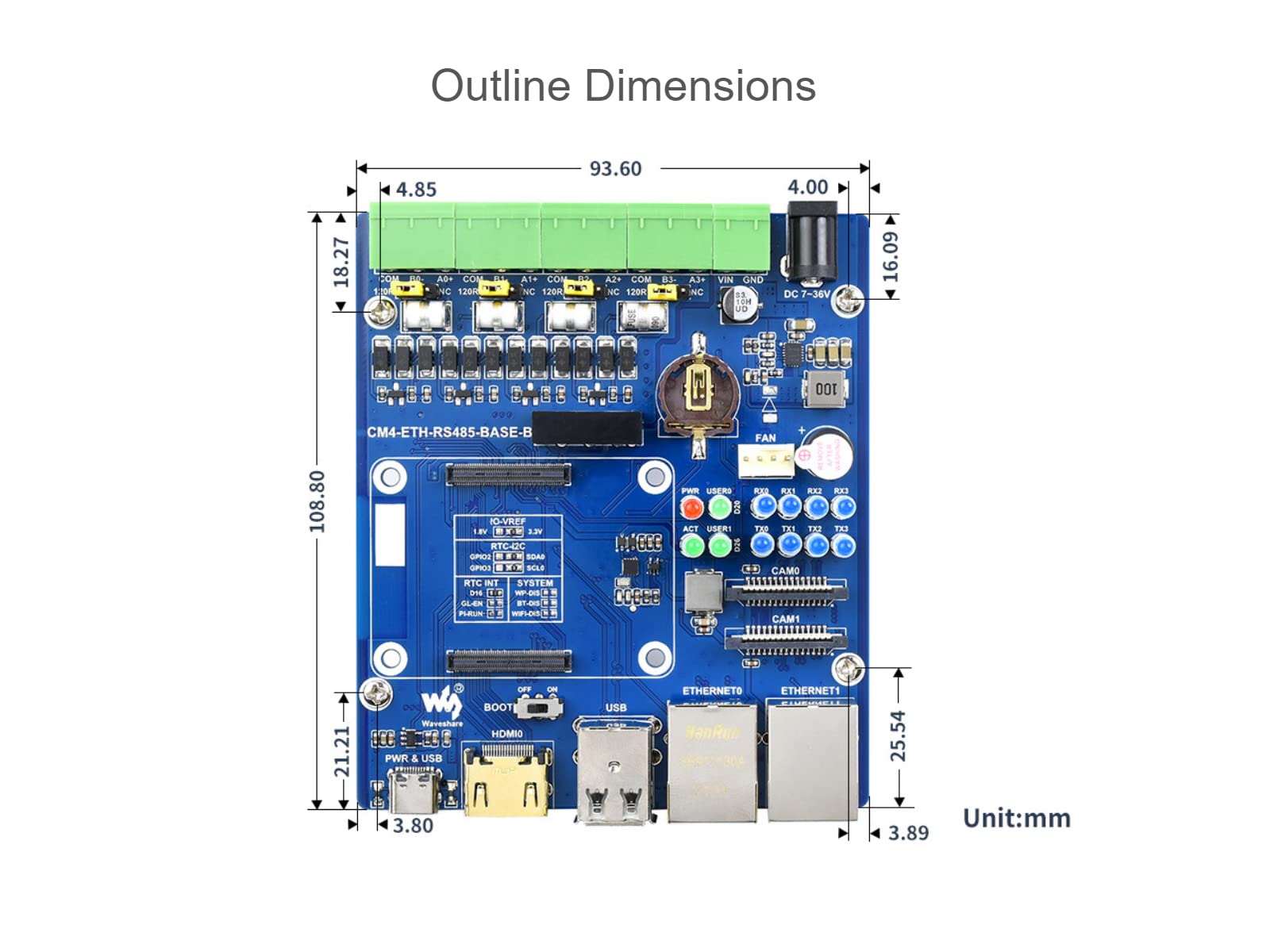 ETH RS485 Scheda di Base per Raspberry Pi Compute Module 4 CM4 Dual ETH Quad RS485 Scheda di Espansione, Integrata Gigabit Ethernet/100M Ethernet/4CH Isolata RS485/CSI/USB2.0/HDMI/FAN/Micro SD ecc.