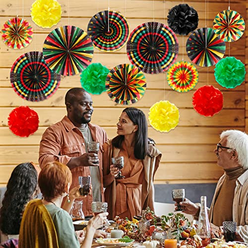 Image of Outus 21 Pcs Juneteenth Decorations Hanging Paper Fans Juneteenth Tissue Paper Poms Red Green Yellow Classroom Garland for Kente African American Party Supplies