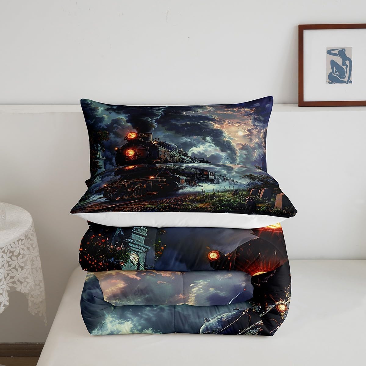 Manfei Train Kids Comforter Set Queen Size,Retro Steam Locomotive Train Bedding Set,Boys Girls Room Decor,Dark Clouds Halloween Psychedelic Down Comforter,Blue Black Duvet Insert,2 Pillowcases