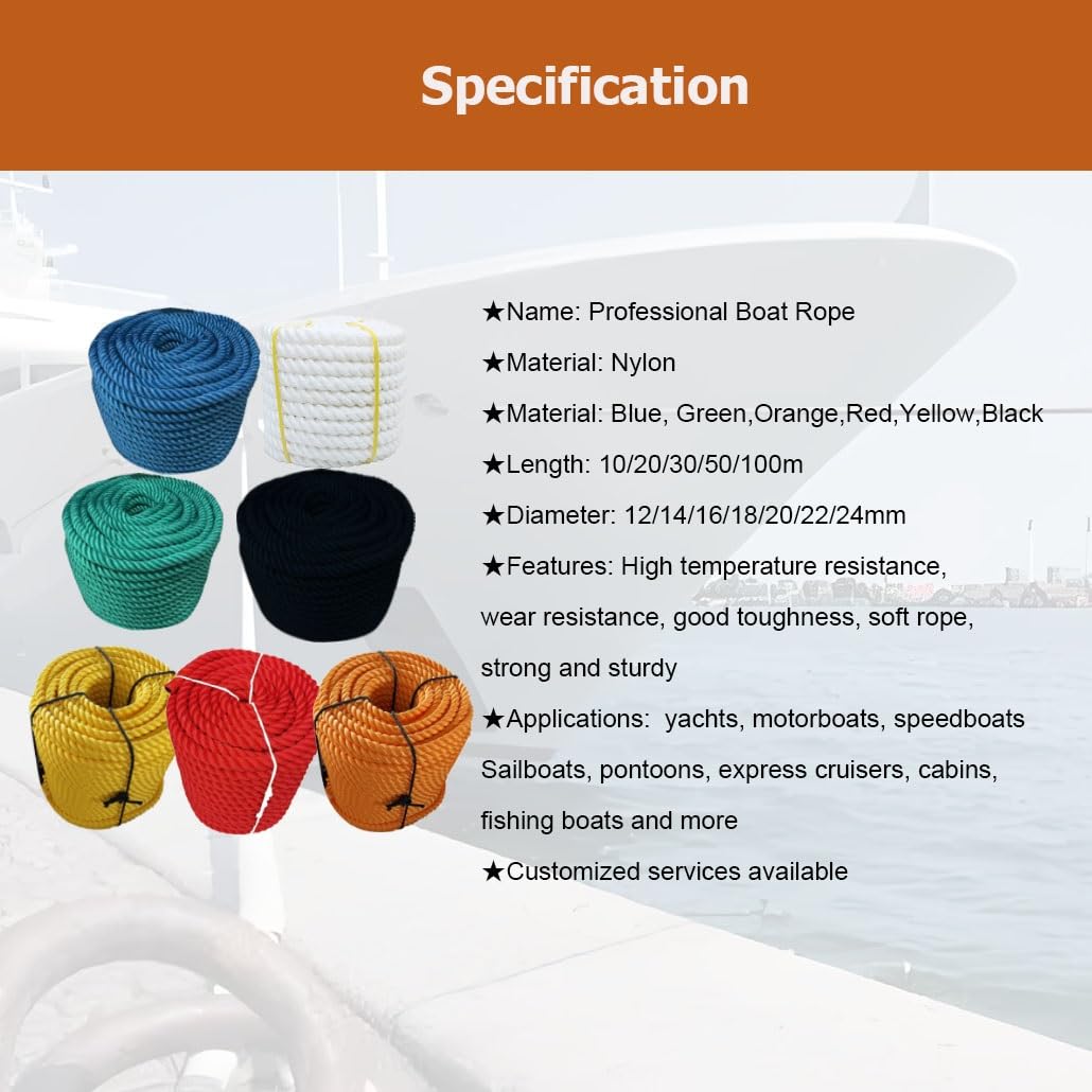 Liny cumownicze, Liny do dokowania z 3-plecionego nylonu Wielokolorowe, średnica 12–24 mm, długość 10–100 m(Green,0.12x20m/0.47"x65')