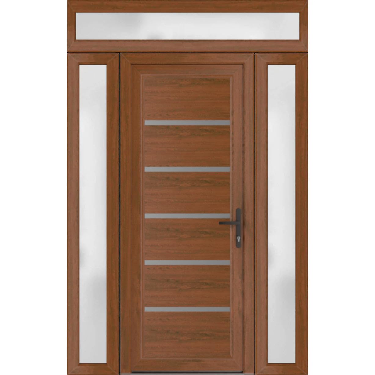 VDOMDOORS Front Exterior Door Prehung 32 x 80 inches | Manux 8415 Walnut | Entry Door with Frame | Metal Sidelite Transom | 2 Sidelites 14" Transom 14" | Left Hand | Front Entry